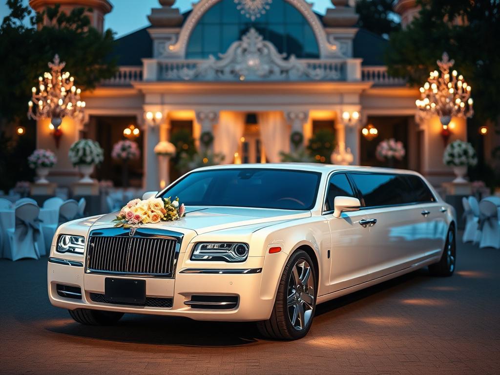 A luxurious stretched limousine parked at a glamorous wedding venue,