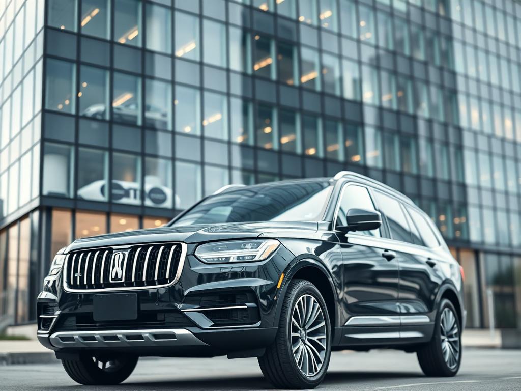 A stylish black luxury SUV parked outside a modern corporate