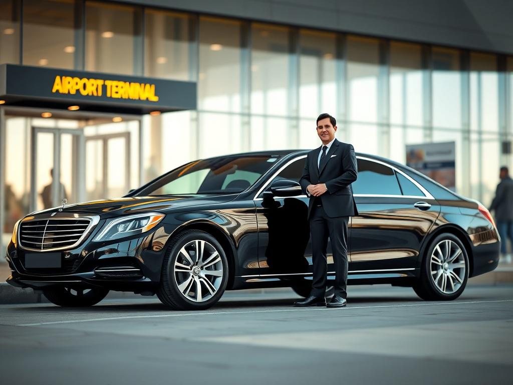 A sleek black luxury sedan parked outside an airport terminal,