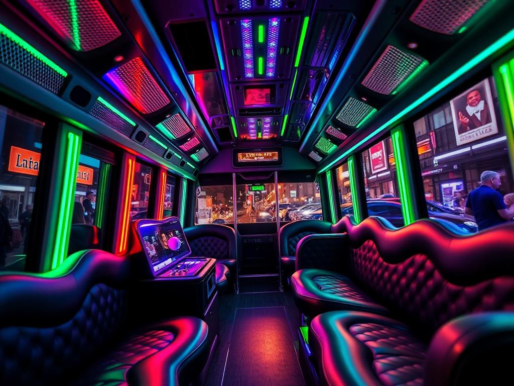 A vibrant party bus illuminated with colorful LED lights, parked