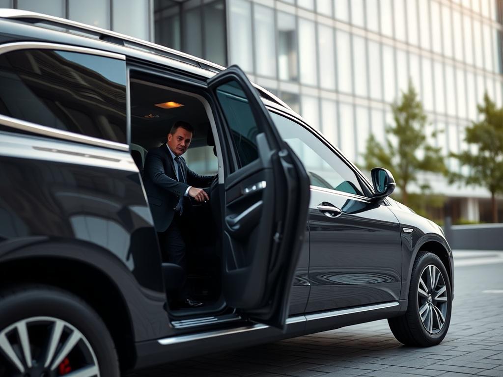 An executive luxury SUV parked in front of a modern