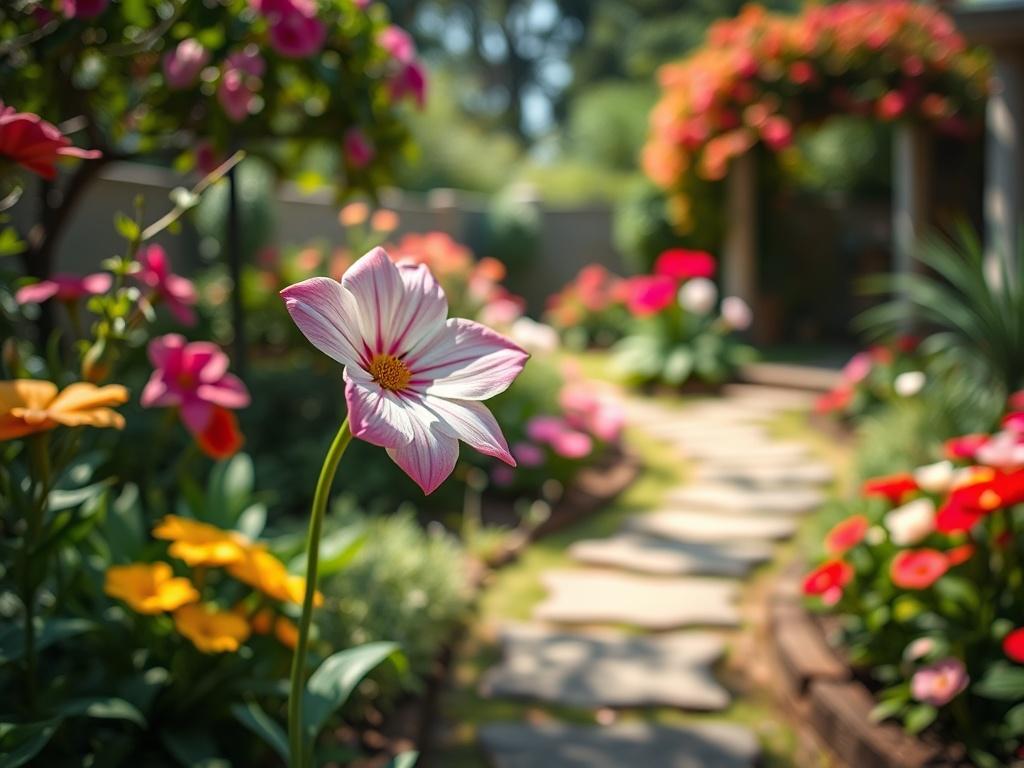A hyper-realistic close-up shot of a beautifully designed garden landscape, featuring vibrant flowers, lush greenery, and a stylish stone pathway. The composition should focus on a single elegant flower in the foreground, with a soft blur of the garden in the background. The lighting should be natural, highlighting the colors and textures of the plants. The image should convey a sense of tranquility and beauty, optimized for high-resolution display.