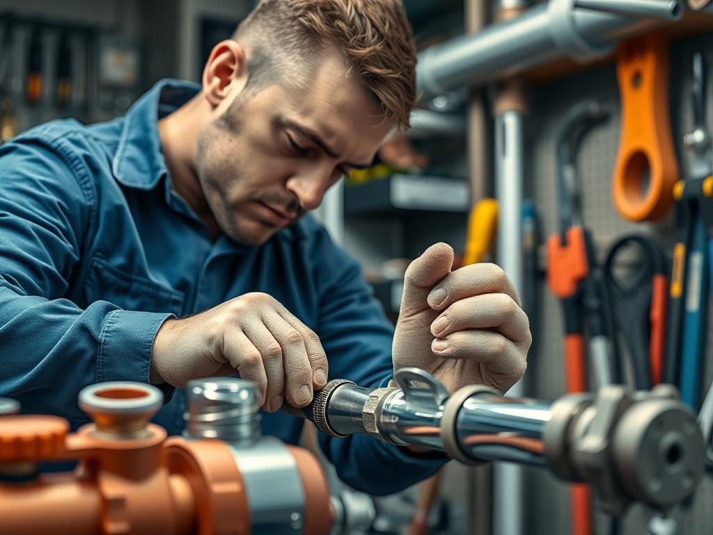 A close-up shot of a professional plumber working on a pipe installation. The plumber is focused on connecting pipes with precision, showcasing a variety of tools around him. The background is a well-lit plumbing workspace with neatly organized tools and materials. The image has a hyper-realistic quality, captured with a 45mm f/1.2 lens style, emphasizing the details of the plumber's hands and the shiny pipes.