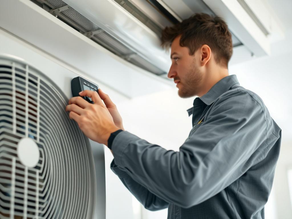 A realistic high-resolution close-up image of an HVAC technician working on an air conditioning unit. The technician should be focused on adjusting the controls of the AC unit, wearing a professional uniform with tools in hand. The background should be a clean, modern indoor environment, emphasizing the importance of HVAC systems in maintaining comfort. The image should be captured with a 45mm f/1.2 lens style to create a shallow depth of field, highlighting the technician and the unit in vivid detail, whil