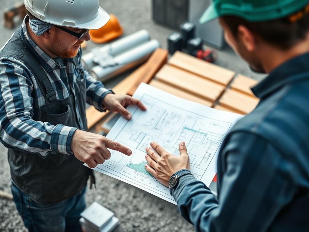 A close up shot of a skilled contractor discussing blueprints