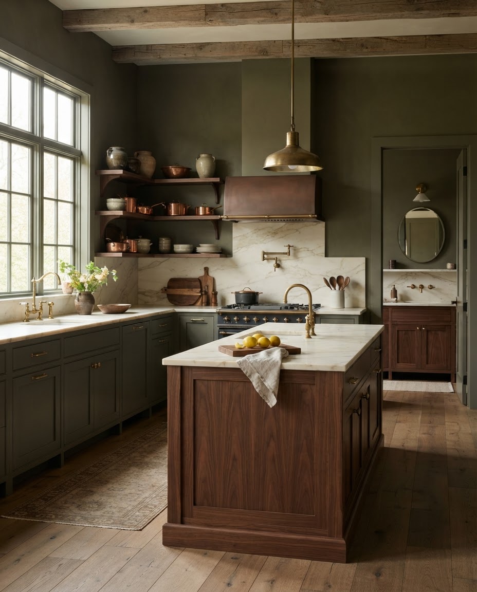Warm Southern kitchen with charcoal-green and walnut cabinetry, creamy marble, and aged brass pulls