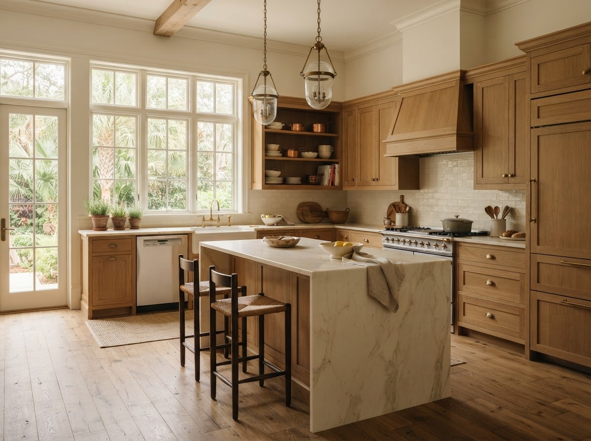 Warm oak inset cabinetry and creamy marble in a classic Southern kitchen