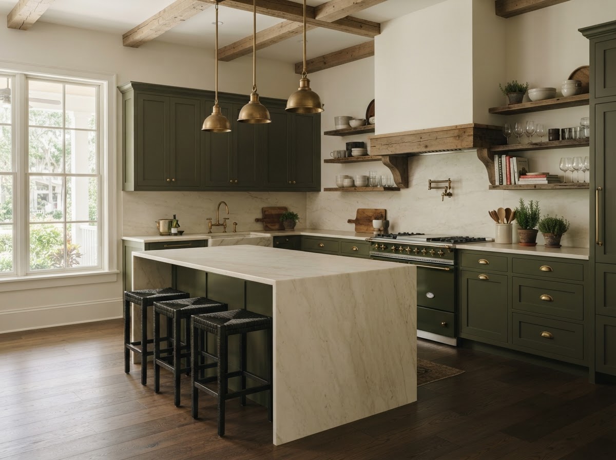 Olive inset cabinetry with a creamy marble island in soft natural light