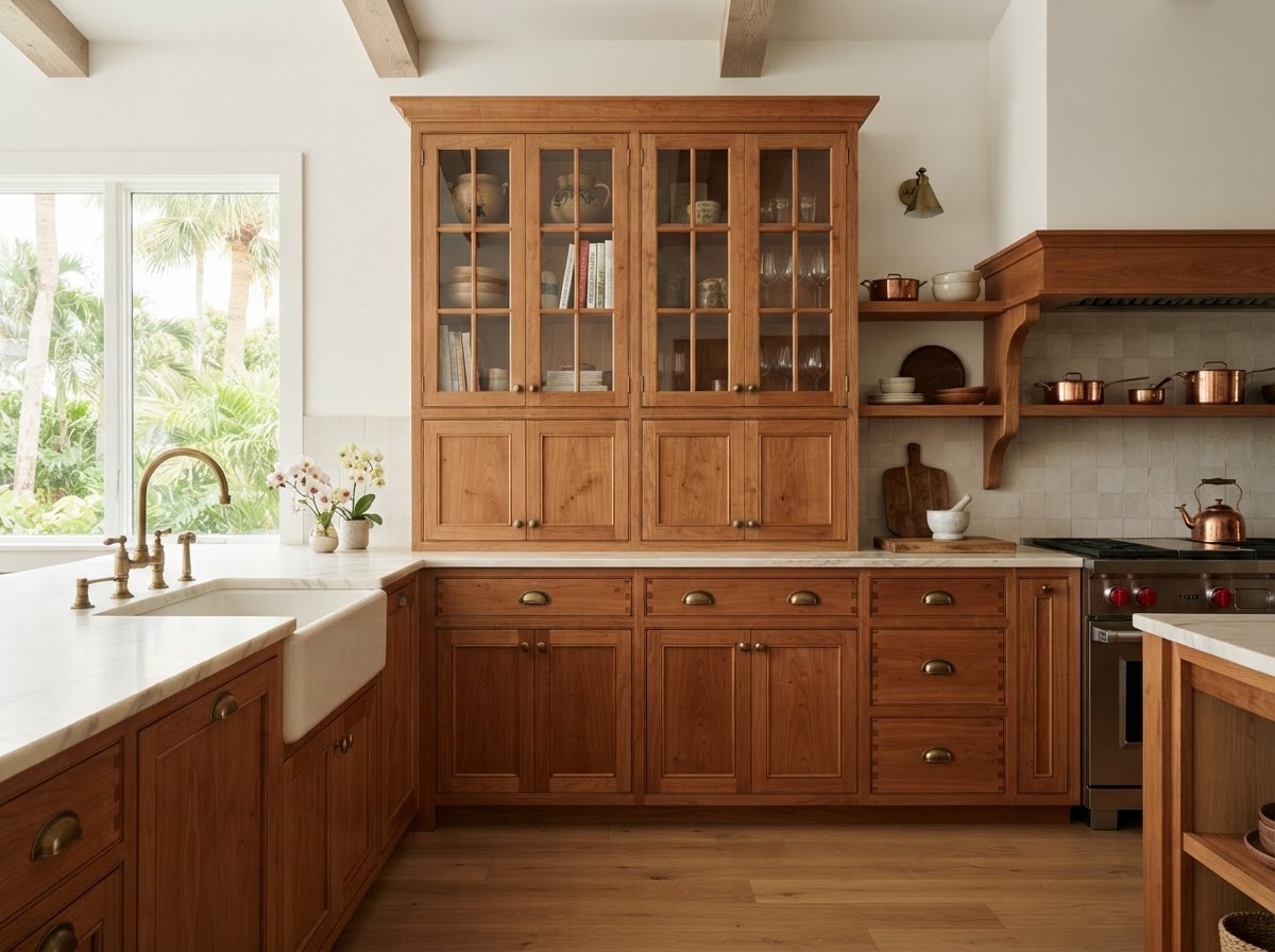 Warm cherry framed cabinetry with fine joinery and off-white marble countertops