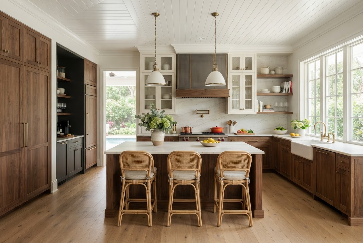 Warm walnut and cream cabinetry with off-white marble in a timeless Southern kitchen