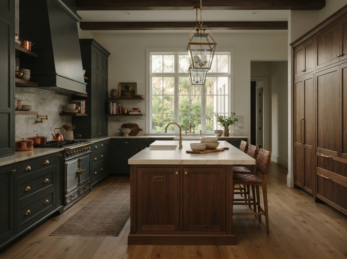 Deep charcoal-green and walnut inset cabinetry with creamy marble and aged brass pulls