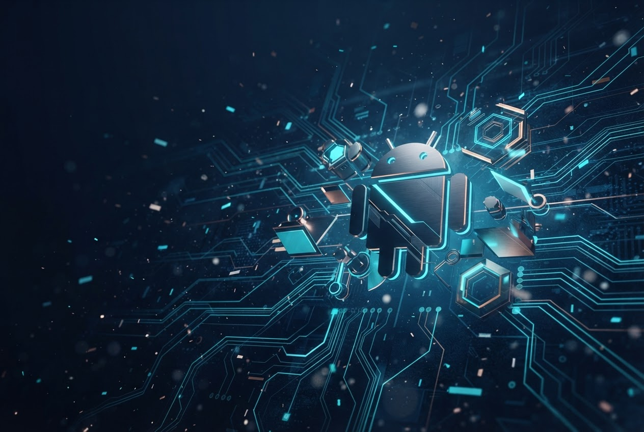 Abstract high-tech visualization of glowing cyan circuitry and floating geometric shapes