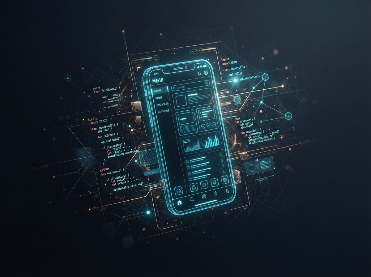 Glowing cyan wireframe of a mobile interface surrounded by floating code fragments