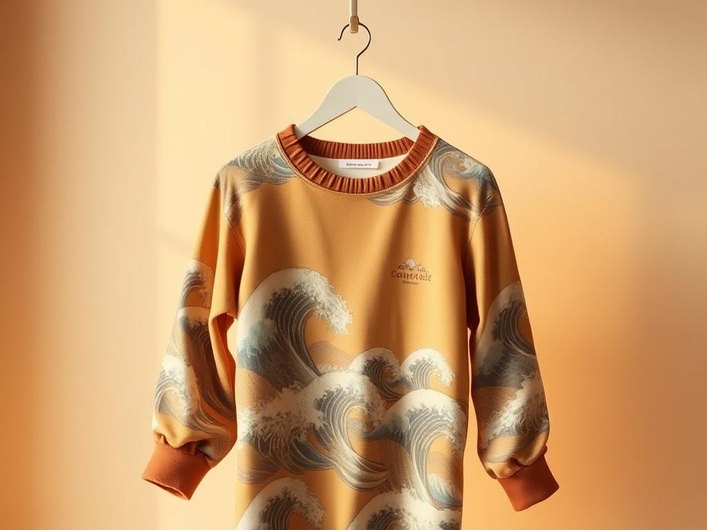 A realistic high-resolution photo of a stylish piece of clothing inspired by ocean waves. The garment should be displayed on a simple, elegant hanger against a soft, light background, with warm golden hues and cozy lighting creating a serene atmosphere. The focus should be on the intricate wave patterns and textures of the fabric, showcasing its quality and design.