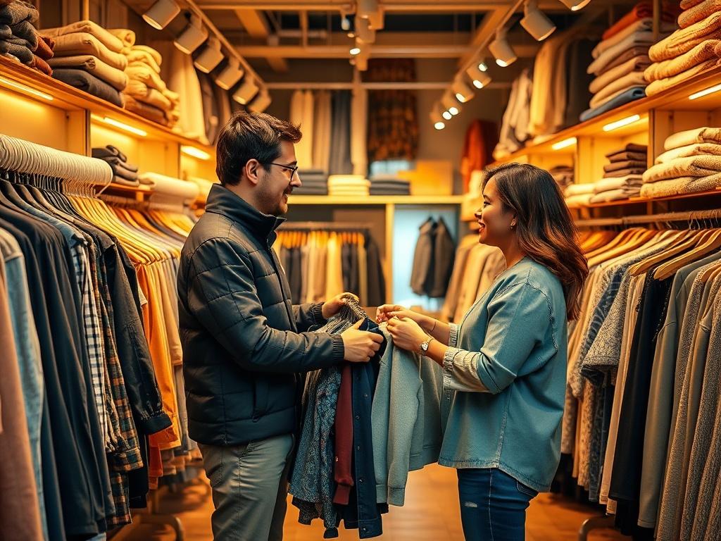 A cozy clothing store interior with soft lighting, showcasing a
