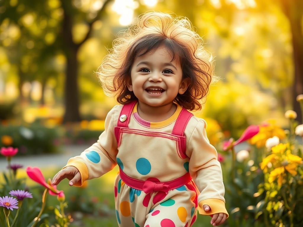 Create a realistic high-resolution photo of a child wearing a colorful outfit from the 'Let's Play' clothing collection. The child should be joyfully playing in a sunny park, surrounded by greenery and colorful flowers. The lighting should be soft and warm, creating a serene and inviting atmosphere. The focus should be on the child's happy expression and the vibrant colors of the outfit, showcasing the playful spirit of the collection.