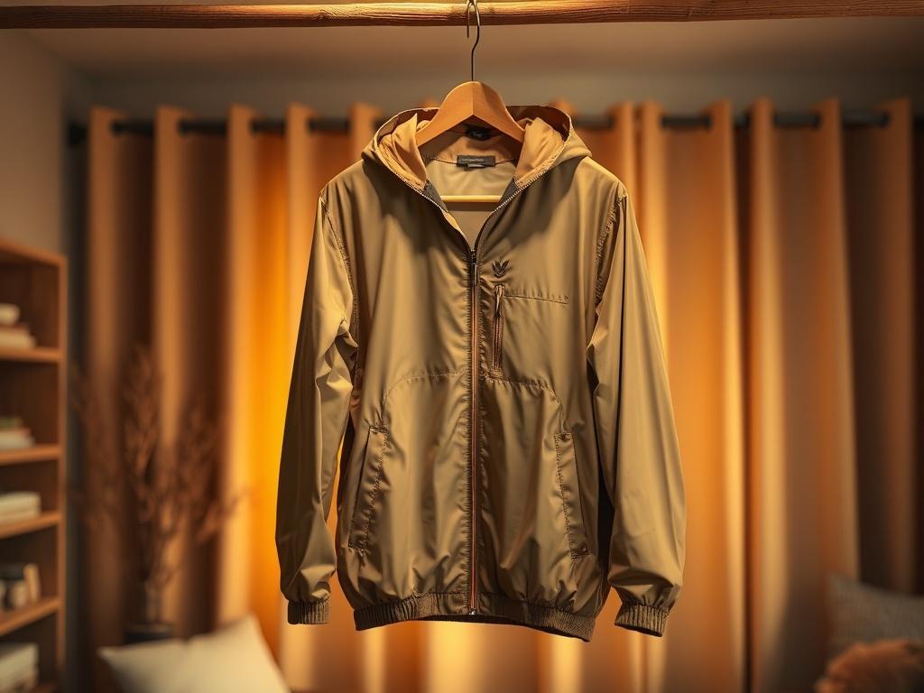 A realistic high-resolution photo of a stylish windbreaker jacket hanging on a wooden hanger in a cozy, softly lit room. The jacket should be the focal point of the image, showcasing its design and fabric texture. The background should feature warm golden hues, creating a serene and inviting atmosphere.