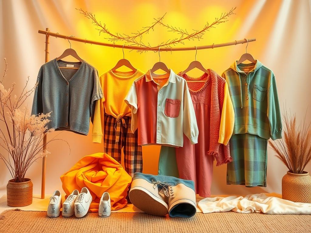A vibrant display of clothing items from the 'Rainbows' collection, featuring a mix of casual and festive styles. The clothing should be arranged aesthetically on a soft, neutral-colored background that enhances the vibrant colors. The lighting should be warm and cozy, creating an inviting atmosphere that highlights the quality of the fabrics. Ensure the focus is on the clothing items without any distractions in the background.