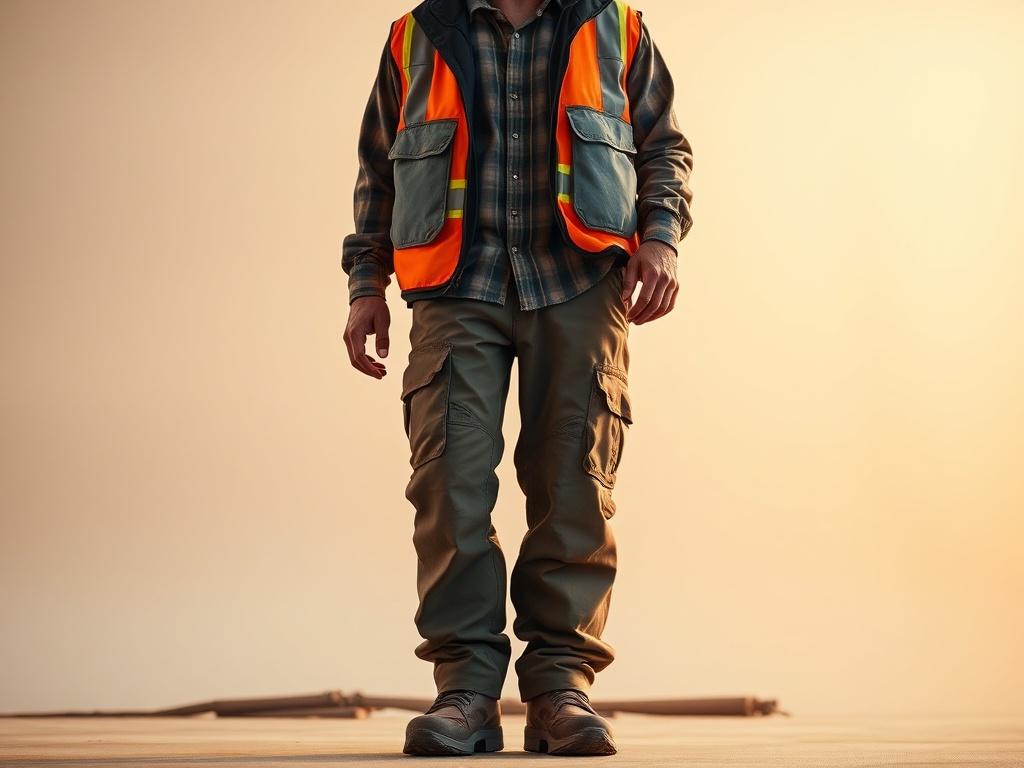 A realistic high-resolution photo showcasing a rugged work outfit, including durable work pants, a breathable shirt, and a high-visibility vest. The outfit should be displayed on a well-lit, simple background, highlighting the fabric texture and details. The image should evoke a cozy, golden hue, with soft lighting to create a serene atmosphere, emphasizing the practicality of the clothing for construction work.