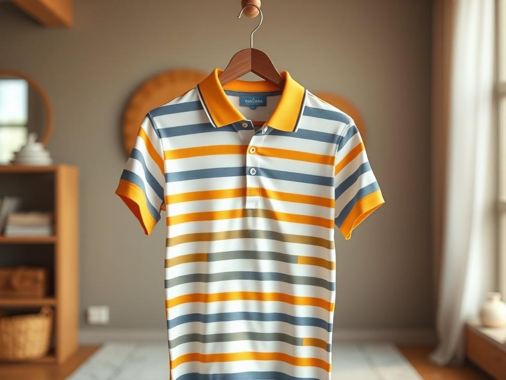 A realistic high-resolution photo of a Striped Polo shirt displayed on a wooden hanger. The polo is neatly folded, showcasing its vibrant stripes in cozy, golden hues under soft lighting. The background is a serene atmosphere with a blurred effect that highlights the shirt, ensuring the focus remains on the product.