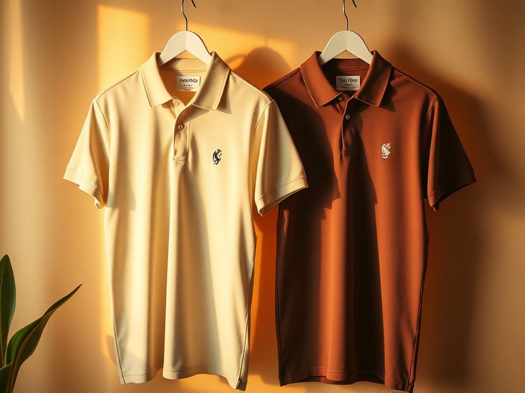 A realistic high-resolution photo of two polo shirts neatly hung side by side, showcasing different colors, on a soft, golden-hued backdrop. The lighting is warm and inviting, highlighting the fabric texture and details of the polo shirts. The composition should be simple and clear, with a serene atmosphere that emphasizes the style and comfort of the Twin Polos.