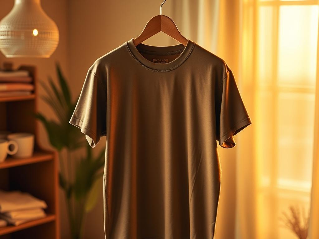 A realistic high-resolution photo of a men's t-shirt displayed on a simple wooden hanger. The t-shirt is a solid color with a classic crew neck style, showcasing its soft texture. The background features a cozy, softly lit environment with warm golden hues to evoke a serene atmosphere, enhancing the appeal of the t-shirt.