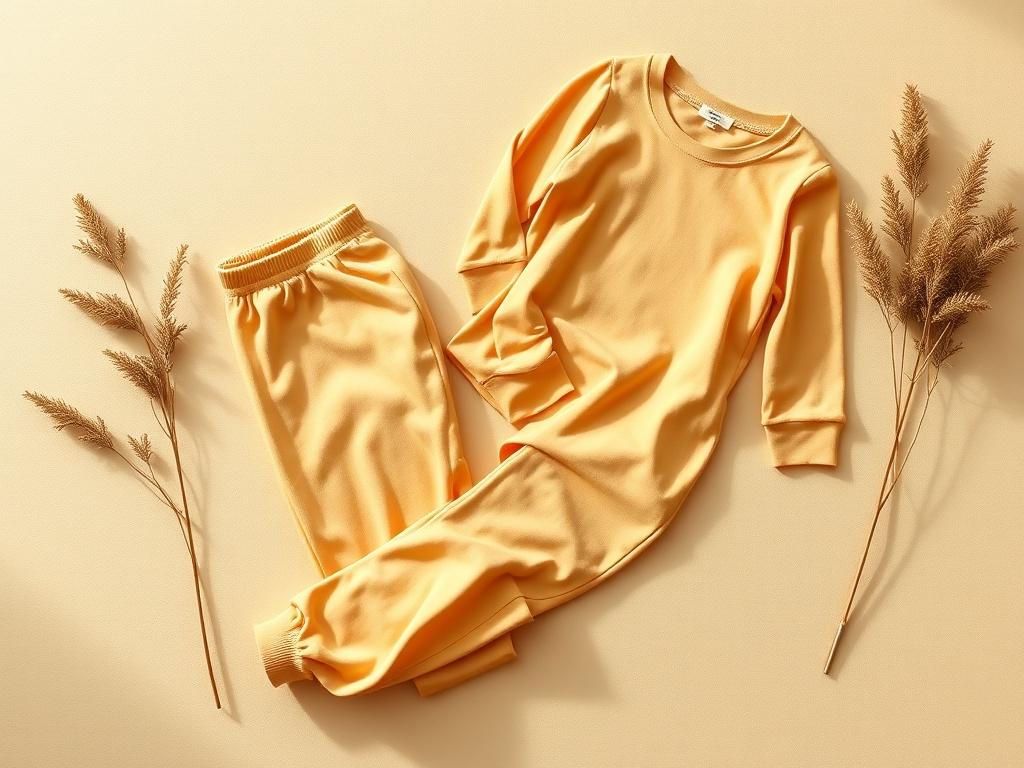 A realistic high-resolution image of a jogger set displayed on a neutral background. The jogger set features a pair of stylish jogger pants and a matching top. The fabric appears soft and breathable, showcasing cozy golden hues under soft lighting. The composition is simple, with the jogger set as the central focus, highlighting its design and texture.