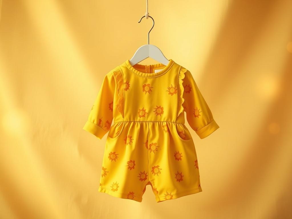 A cozy, high-resolution image of a children's outfit named 'Little Sunshine'. The outfit should be vibrant with sunny colors, featuring playful patterns. The background should be soft and serene, with golden hues and gentle lighting to create a warm atmosphere. The composition should be simple, focusing solely on the outfit to highlight its details.