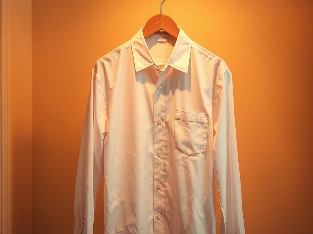 A high-resolution image of a classic white collar shirt hanging on a wooden hanger against a soft, warm-toned background. The shirt should be well-lit, showcasing its crisp fabric and structured collar. The background should be simple and serene, with a cozy atmosphere, avoiding any distractions from the shirt itself.
