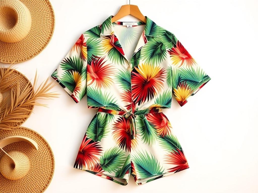 A realistic high-resolution photo of a stylish summer outfit featuring a vibrant palm print. The outfit should be displayed on a simple white background, emphasizing the colors and design. The lighting should be soft and warm, creating a cozy atmosphere. Focus solely on the outfit, ensuring it captures the essence of summer and relaxation.
