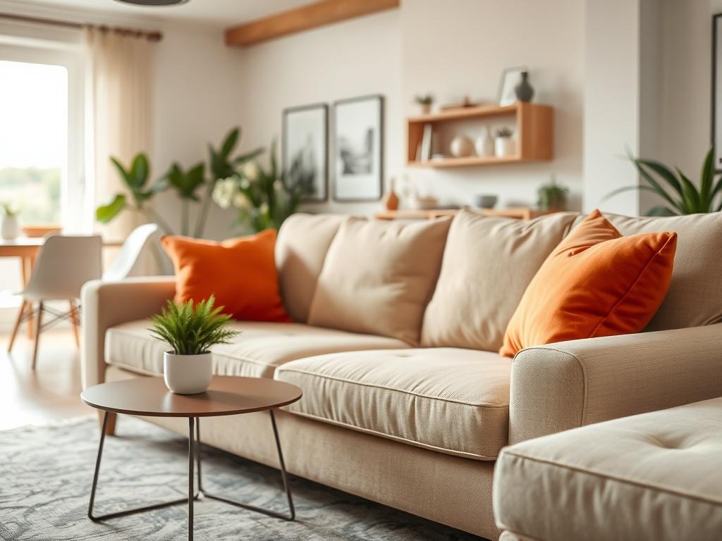 A realistic high-resolution photo of a freshly cleaned sofa in a bright and airy living room. The sofa should be the focal point, showcasing its clean fabric and vibrant colors. The background should include a stylish coffee table and some decorative plants, creating a warm and inviting atmosphere. The composition should be shot with a 45mm f/1.2 lens to achieve a shallow depth of field, ensuring the sofa stands out sharply against a softly blurred background.