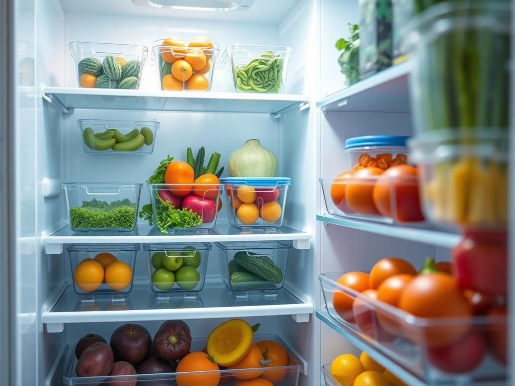 A hyper-realistic close-up shot of a sparkling clean refrigerator interior. The image should showcase neatly organized shelves, with vibrant fruits and vegetables in clear containers. The background should be softly blurred to emphasize the cleanliness of the fridge. The lighting should be bright and inviting, highlighting the freshness of the food items. The color palette should incorporate shades of green, reflecting the primary color rgb(50, 170, 39).