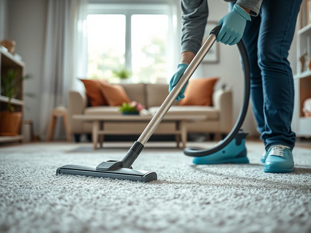 A realistic high-resolution photo showcasing a professional cleaner in action, deeply cleaning a living room. The cleaner is wearing gloves and using a vacuum cleaner, with a focus on the carpet. The background features a clean, well-organized room with furniture and natural light coming in from a window. The composition should highlight the cleaner's dedication and the transformation of the space, emphasizing cleanliness and attention to detail. Use hyper-realistic rendering and a close-up shot style.