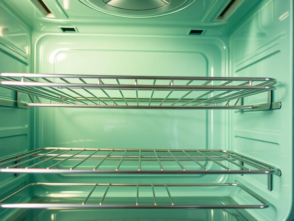 A hyper-realistic close-up shot of a sparkling clean oven interior, showcasing shiny racks and spotless walls, with a soft focus background. The image is bright and inviting, with a clean aesthetic that emphasizes the freshness and cleanliness of the oven. The color scheme features shades of green, harmonizing with the rgb(50, 170, 39) primary color.