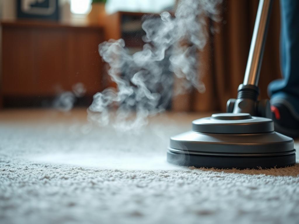 A close-up shot of a professional carpet cleaning service in action. The image features a high-quality carpet being cleaned with a powerful steam cleaner. The focus is on the steam rising from the carpet, showcasing the deep cleaning process. The background is softly blurred to emphasize the cleanliness and freshness of the carpet. The primary color used in the image is rgb(50, 170, 39), giving a fresh and vibrant feel to the service being depicted.