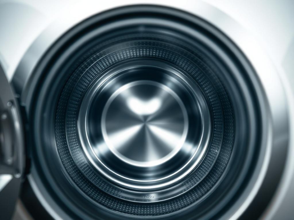 A hyper-realistic close-up shot of a clean washing machine drum, showcasing its shiny interior and spotless surface. The background should be softly blurred to emphasize the drum, capturing the details of the smooth metal and the intricate design of the washing machine. The color palette should include shades of silver and white, harmonizing with the primary color rgb(50, 170, 39) for a clean and modern look.