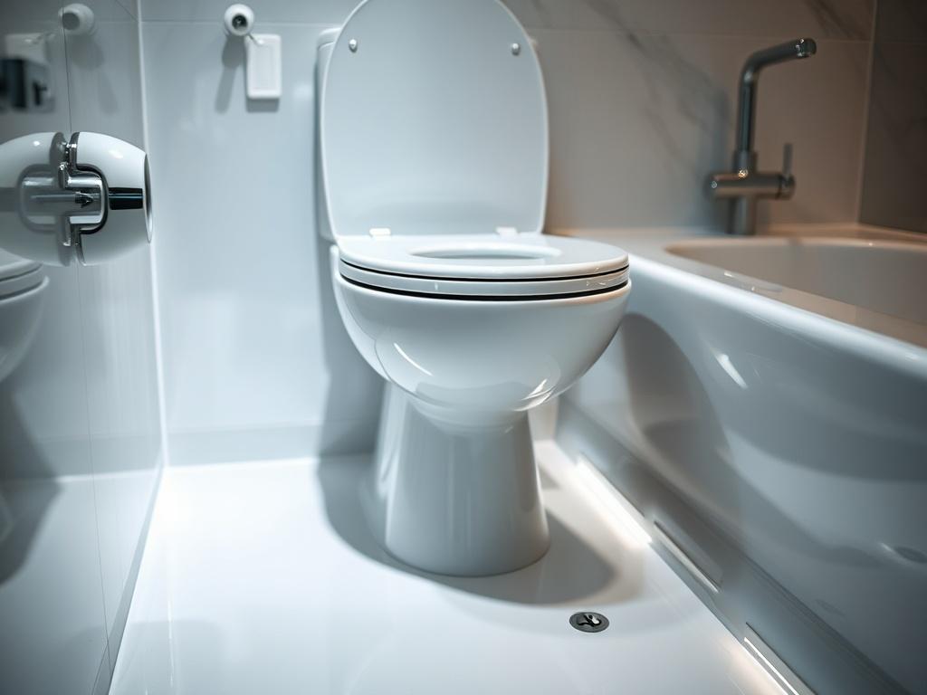A hyper-realistic close-up shot of a sparkling clean toilet and bath area, with reflections on the shiny surfaces. The composition focuses on the toilet and bath fixtures, showcasing their cleanliness and gleam. The background is simple and uncluttered, emphasizing the pristine condition of the bathroom. The lighting is soft and inviting, highlighting the fresh, sanitized appearance, using the color rgb(50, 170, 39) in subtle accents.