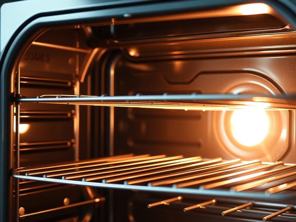 A hyper-realistic close-up shot of a freshly cleaned oven interior, showcasing shiny, spotless surfaces and gleaming racks. The focus is on the pristine condition of the oven, with no food residues or grease visible. The background is softly blurred to emphasize the oven, and the lighting highlights the clean surfaces. The image should evoke a sense of cleanliness and freshness, aligning with the RGB color of (50, 170, 39) as the primary palette.