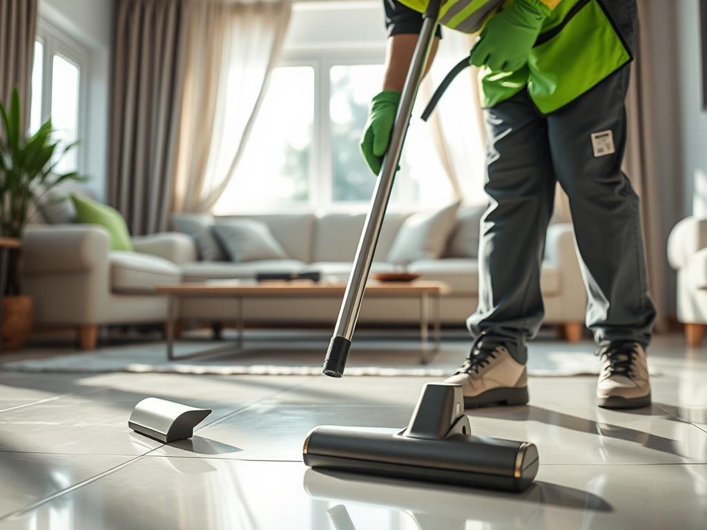 A hyper-realistic close-up shot of a professional cleaner in action, using a vacuum cleaner on a spotless living room floor. The background features gleaming furniture and bright natural light coming through a window. The cleaner wears a uniform and gloves, showcasing their dedication to cleanliness and professionalism. The color scheme includes vibrant green elements, reflecting the RGB(50, 170, 39) primary color.