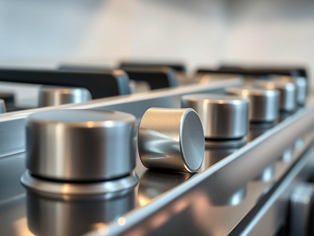 A hyper-realistic close-up shot of a freshly cleaned cooker, showcasing its shiny surfaces and well-maintained knobs. The image should be shot with a 45mm f/1.2 lens style to emphasize the gleaming details, with a soft-focus background that subtly highlights the cleanliness of the cooker. The primary color in the image should complement the RGB (50, 170, 39) color scheme.