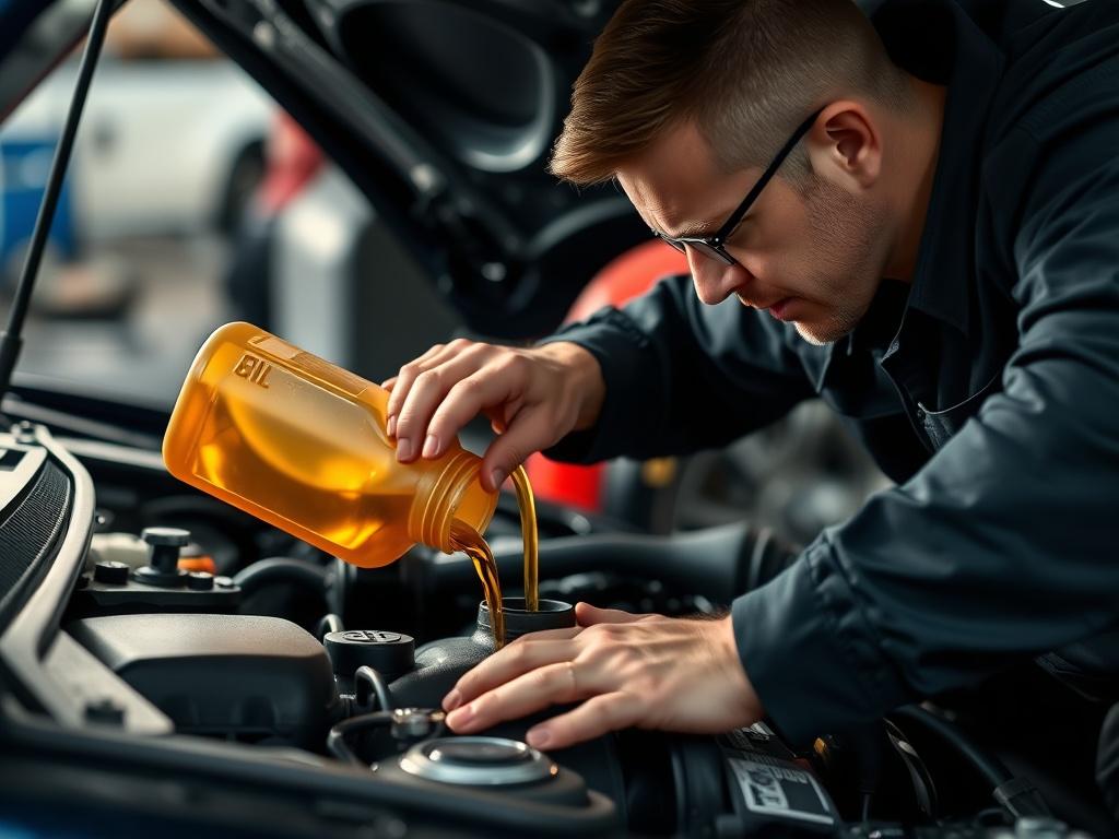 A hyper-realistic close-up shot of a mechanic performing an oil change on a car. The mechanic is focused on the engine, pouring fresh oil into the engine bay, with tools and oil containers visible. The background is blurred to emphasize the action, and the lighting is bright, showcasing the details of the engine and the mechanic's hands. The color palette should complement the primary color #062767.