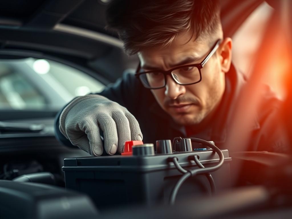 A close-up shot of a technician expertly installing a car battery in the engine compartment of a vehicle. The technician is focused and wearing safety gloves, showcasing a professional demeanor. The background is softly blurred to emphasize the action of the battery installation. The color scheme incorporates tones that complement the #062767 primary color, enhancing the overall visual appeal.