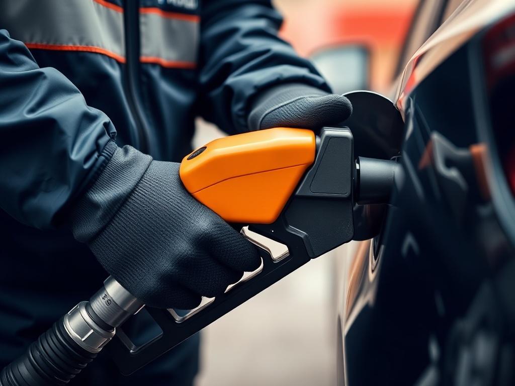 A close-up shot of a fuel delivery technician pouring fuel into a car's gas tank, capturing the moment of service. The background should be blurred to highlight the action, creating a sense of urgency and efficiency. The color scheme should match the primary color #062767.