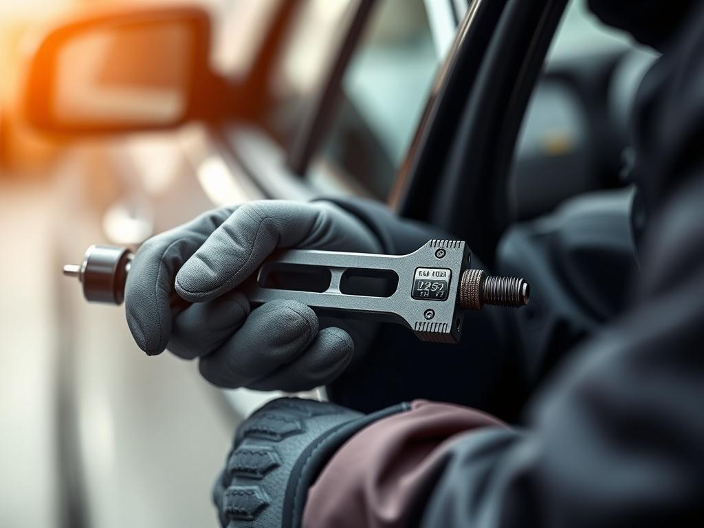 A close-up shot of a technician using a slim jim tool to unlock a car door, showcasing the precision of the work. The background should be blurred to emphasize the technician and the car door, creating a sense of urgency and professionalism. The color scheme should align with the primary color #062767.