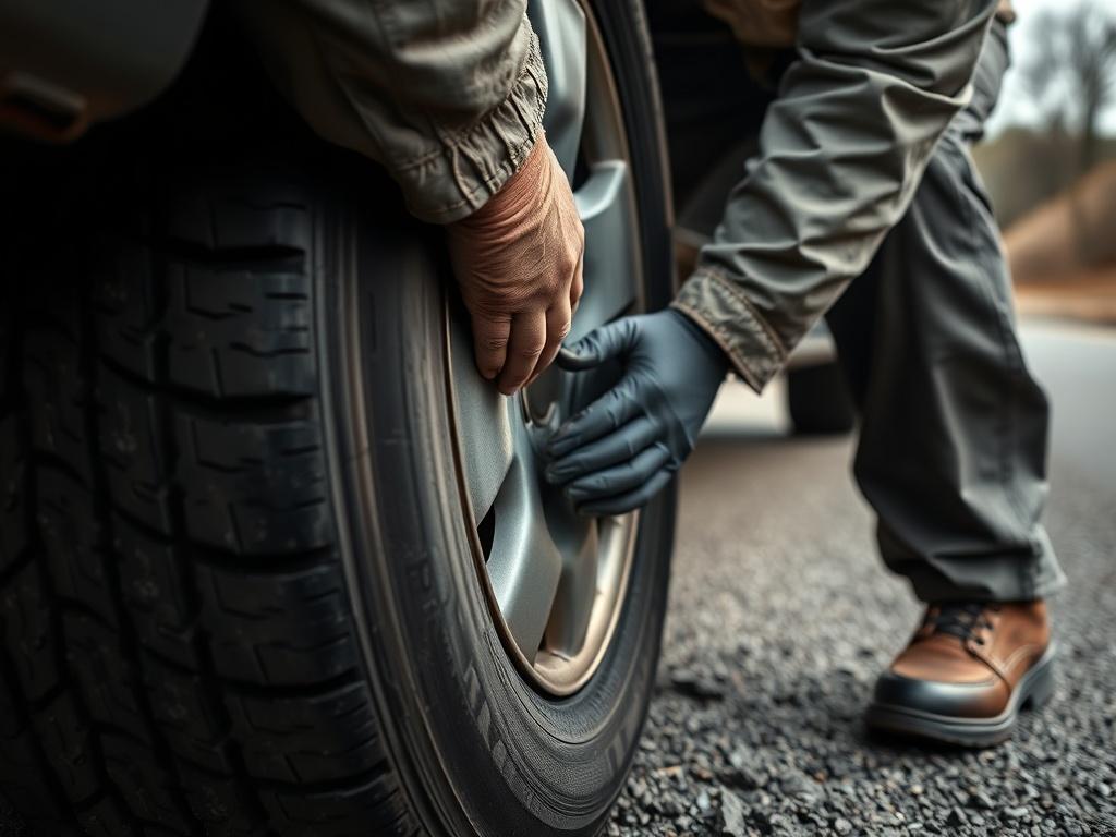 A high-resolution image of a roadside technician changing a flat tire on a vehicle, with a focus on the technician's hands and the tire. The background should show a roadside environment, emphasizing the urgency of the situation. The image should be aligned with the primary color #062767.