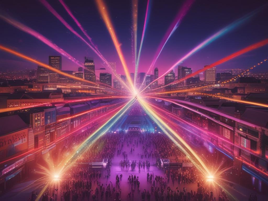 aerial beams, light show, vibrant colors, festival atmosphere, dynamic performance