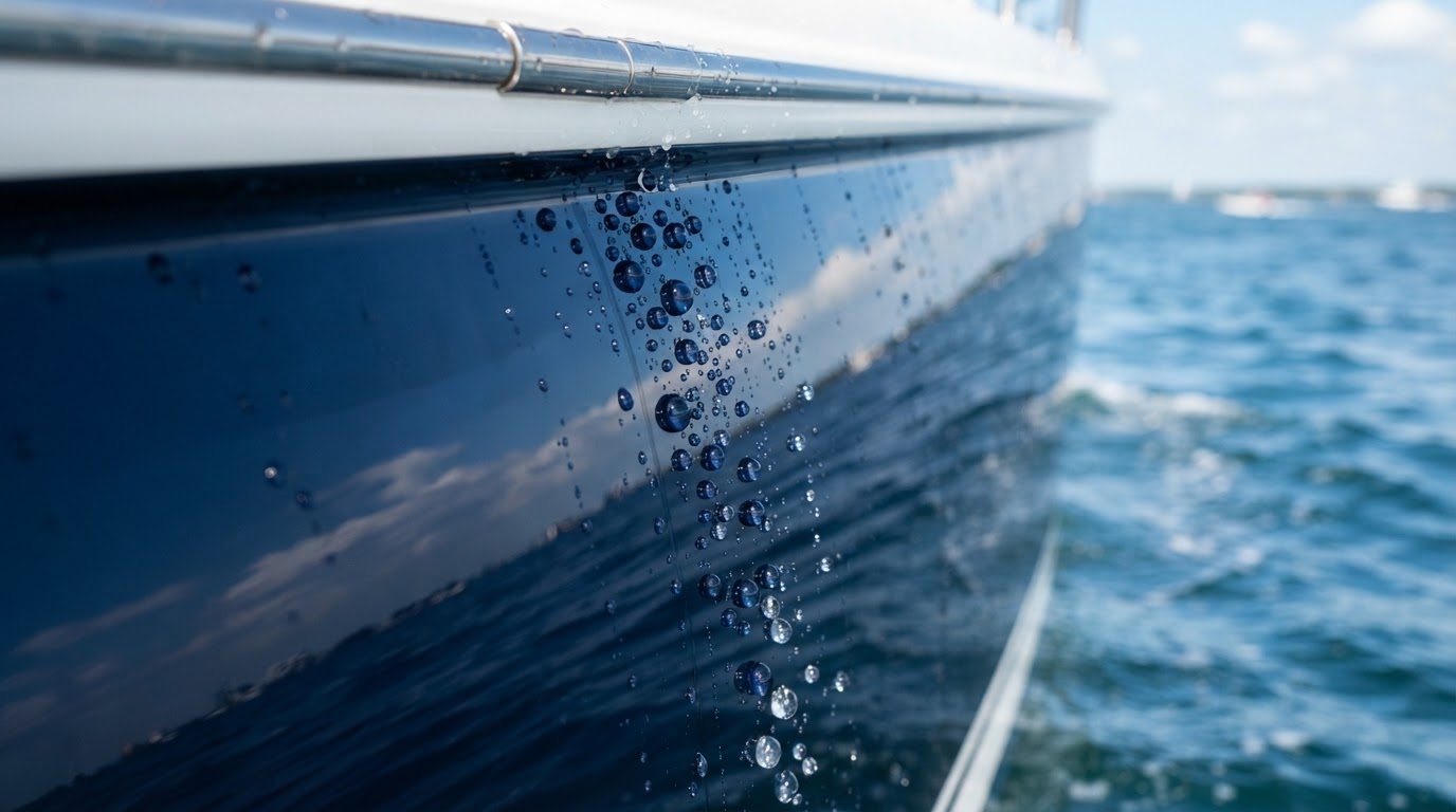 Water beading on a glossy ceramic-coated boat hull