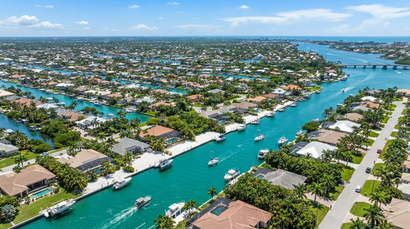 Aerial view of Cape Coral, Florida canal waterfront with boats