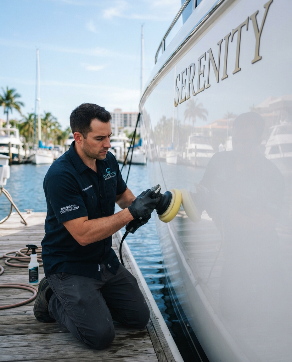Tony's Marine Services detailer hand-polishing a boat hull in Cape Coral