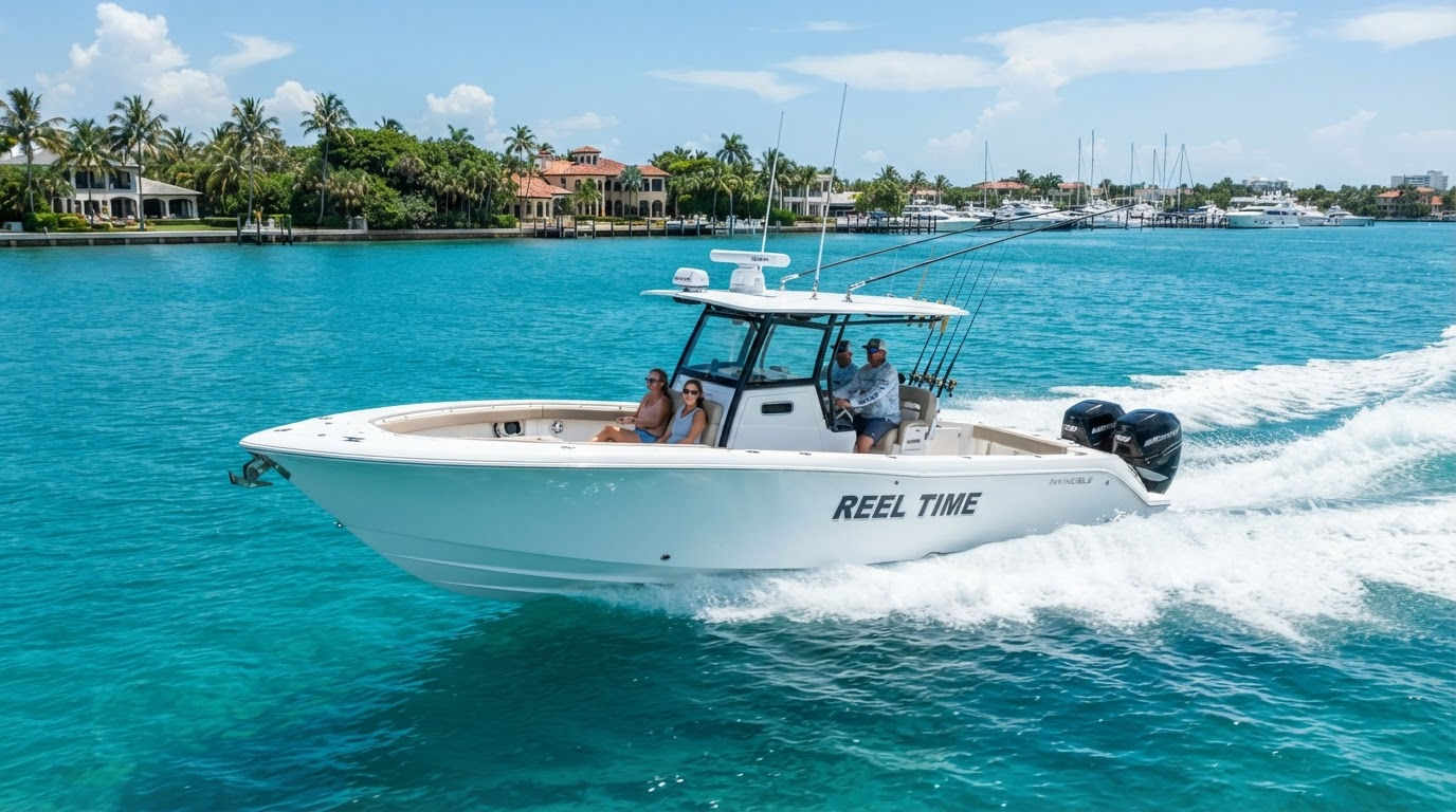 Professionally detailed center-console boat on turquoise Florida water near Cape Coral